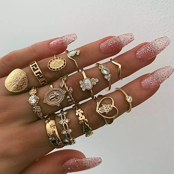 15Pcs Alloy & Rhinestone Finger Rings, Golden, Inner Diameter: 16~19mm
