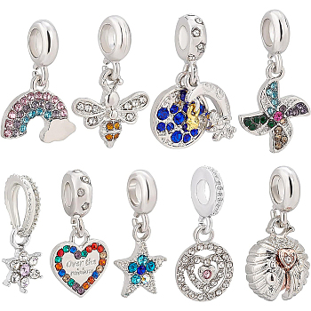 18Pcs 9 Style Rack Plating Alloy European Dangle Charms, with Rhinestone, Large Hole Pendants, Mixed Color, Mixed Shapes, Platinum, 22~28mm, Hole: 4.5~5mm, 2pcs/style
