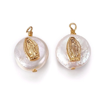 Natural Cultured Freshwater Pearl Pendants, with Golden Plated Brass Findings, Flat Round with Virgin Mary, White, Golden, 17~23x12~14mm, Hole: 1.6mm