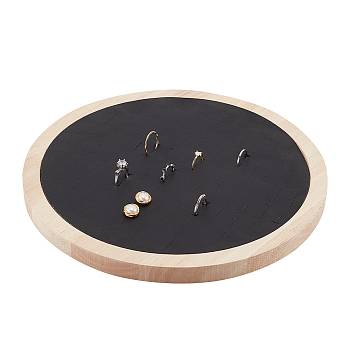 92-Slot Wooden Ring Jewelry Display Round Tray, with PU Leather, Finger Ring Organizer Holder for Ring Storage, Black, 26.2x1.75cm