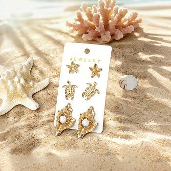 Ocean Alloy Stud Earring Sets, with Plastic Pearl, Golden, 16~38x15~23mm