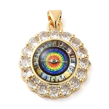 Real 18K Gold Plated Brass Pendants, with Glass and Acrylic, Flower, Colorful, 23.5x20x7mm, Hole: 5x3.5mm