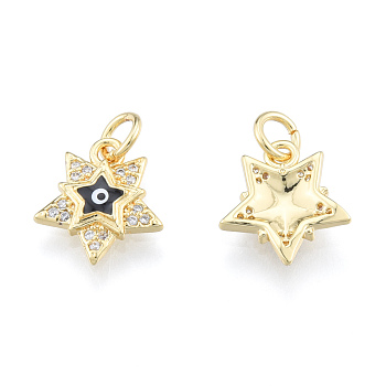 Brass Micro Pave Clear Cubic Zirconia Charms, with Enamel and Jump Rings, Real 18K Gold Plated, Nickel Free, Star with Evil Eye, Black, 13x11.5x2.5mm, Jump Ring: 5mm in diameter, 1mm thick, 3mm thick
