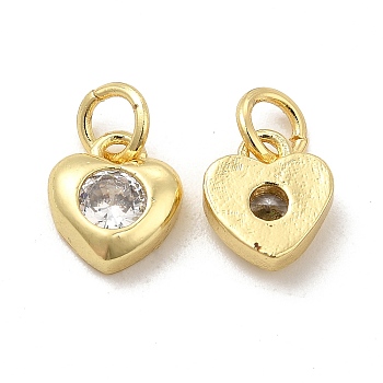 Brass Micro Pave Clear Cubic Zirconia Charms, with Jump Ring, Heart Charm, Real 18K Gold Plated, 9x7.5x3mm, Hole: 3.5mm