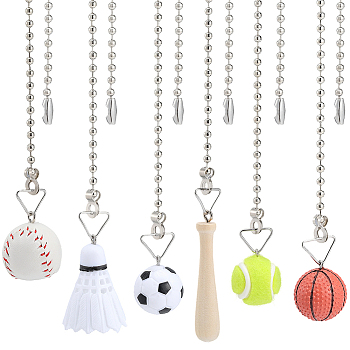 6Pcs 6 Styles PU Leather Charms Ceiling Fan Pull Chain Extenders, with Iron Ball Chains, Platinum, Mixed Shapes, 555~584mm, 1pc/style