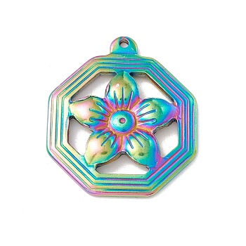Ion Plating(IP) 304 Stainless Steel Pendants, Hexagon with Flower, Rainbow Color, 29x25x3.5mm, Hole: 1mm