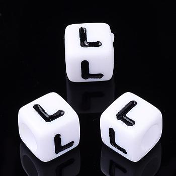 Acrylic Horizontal Hole Letter Beads, Cube, Letter L, White, Size: about 7mm wide, 7mm long, 7mm high, hole: 3.5mm, about 2000pcs/500g