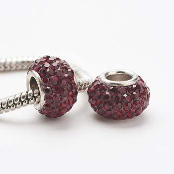 Austrian Crystal European Beads, Large Hole Beads, 925 Sterling Silver Core, Rondelle, 208_Siam, 11~12x7.5mm, Hole: 4.5mm