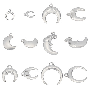 Elite 24Pcs 6 Style 304 Stainless Steel Charms, Double Horn/Crescent Moon & Moon, Stainless Steel Color, 9~19.5x8~17x2~3.5mm, Hole: 0.7~1.8mm, 4pcs/style