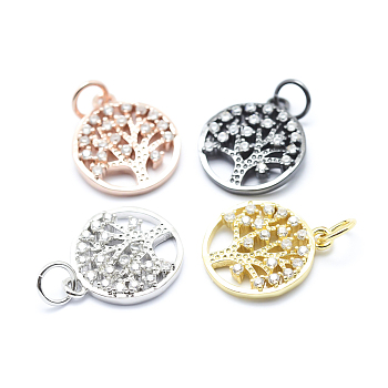 Brass Micro Pave Cubic Zirconia Charms, Flat Round with Tree of Life, Mixed Color, 15x12.5x2mm, Hole: 3mm