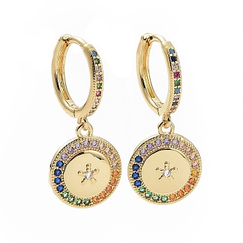 Colorful Cubic Zirconia Star Dangle Hoop Earrings, Brass Jewelry for Women, Golden, 29.5mm, Pin: 1mm