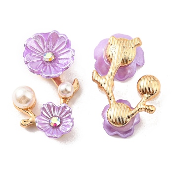 Zinc Alloy Cabochons, with Plastic Imitation Pearls and Rhinestones, Plum Blossom Branch, Blue Violet, 23.5x15x6mm