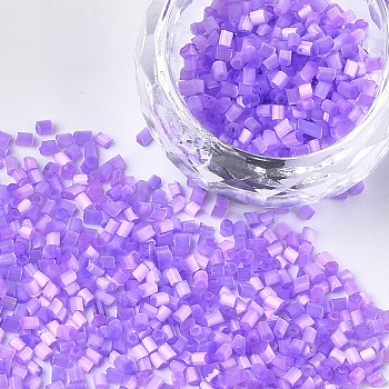 Glass Bugle Beads, Round Hole, Imitation Cat Eye, Medium Purple, 2~2.5x1.5~2mm, Hole: 0.8mm, about 30000pcs/bag