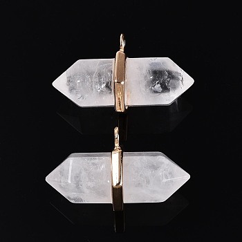 Natural Quartz Crystal Double Terminal Pointed Pendants, Rock Crystal Faceted Bullet Shaped Charms with Alloy Findings, Golden, 20~21x34.5~36x17~18mm, Hole: 3mm