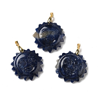 Natural Sodalite Pendants, with Golden Tone Brass Findings, Lead Free & Cadmium Free, Sun with Smiling Face, 42x34~35x10.5mm, Hole: 3.8x5mm