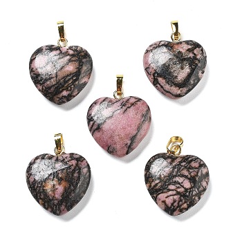 Natural Rhodonite Pendants, with Brass Findings, Heart, 22~23x20x5mm, Hole: 6.5x3.5mm