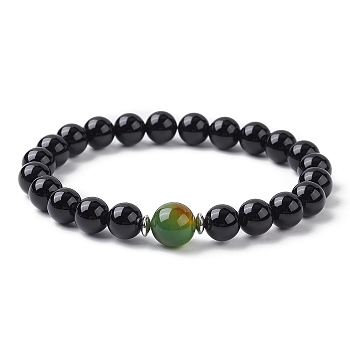 Natural Dyed Peacock Agate & Black Onyx Round Beaded Stretch Bracelets, Inner Diameter: 2-5/8 inch(6.6cm)