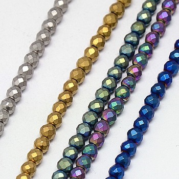 Electroplate Non-magnetic Synthetic Hematite Beads Strands, Faceted, Frosted, Round, Grade A, Mixed Color, 4mm, Hole: 1mm, about 100pcs/strand, 16 inch