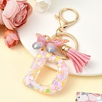 Resin & Acrylic & Faux Suede Tassel Keychain, with Alloy Clasp and Iron Rings, Letter D, 10cm(KEYC-YW00124-04)