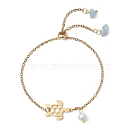 Adjustable Ion Plating(IP) 304 Stainless Steel Hollow Turtle Slider Bracelet, with Natural Aquamarine Chips Charms, Golden, Inner Diameter: 2-5/8 inch(6.8cm)(BJEW-JB09812-01)