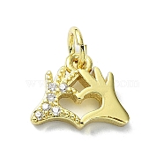 Heart Theme Brass Micro Pave Cubic Zirconia Charms, with Jump Ring, Real 18K Gold Plated, Palm, 9.5x11.5x2.5mm, Hole: 3mm(KK-H475-56G-02)