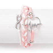 Alloy Heart Beat & 304 Stainless Steel Infinity Links Multi-strand Bracelet, Faux Suede Braided Tripel Layer Bracelet for Women, Pink, 7-1/4 inch(18.3cm)(BJEW-TA00190-02)