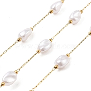 Ion Plating(IP) 304 Stainless Steel Paperclip Chains, Soldered, with ABS Imitation Pearl Beads, Real 18K Gold Plated, 9.5x7.5x5.5mm, about 16.40 Feet(5m)/Roll(CHS-P018-01B-G)