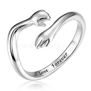 Rhodium Plated 925 Sterling Silver Hug Hands Open Cuff Ring with Love Forever for Women, Platinum, US Size 6 1/2(16.9mm)(JR860A)