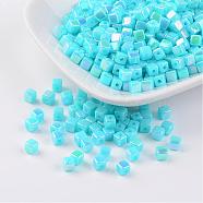 Eco-Friendly Poly Styrene Acrylic Beads, AB color, Cube, Turquoise, 4x4mm, Hole: 1mm, about 8000pcs/500g(PL337AB-7)