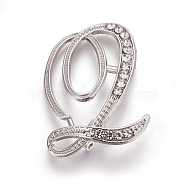 Alloy Brooches, with Rhinestone, Letter, Letter.Q, Platinum, 43x31x3mm, Pin: 1mm(JEWB-WH0005-01Q-P)