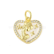 Brass Micro Pave Clear Cubic Zirconia Pendants, with Jump Ring and Enamel, Real 18K Gold Plated, Heart, 14x13.5x2mm, Hole: 3mm(KK-E111-46G-05)