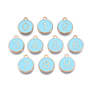 Light Gold Plated Alloy Enamel Charms, Flat Round with Number 0~9 Charm, Light Sky Blue, 14x12x2mm, Hole: 1.4mm, 10pcs/set(ENAM-T010-05G-01)