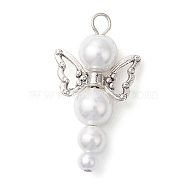 Glass Pearl Pendants, with Alloy Charms, Angel, White, Antique Silver & Platinum, 33x18x8mm, Hole: 3mm(PALLOY-JF02711-03)