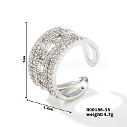 Fashionable Unisex Brass Micro Pave Clear Cubic Zirconia Open Cuff Rings, Platinum, Inner Diameter: 20mm(VA2990-16)