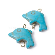Synthetic Turquoise Connector Charms, Dolphin Links with Golden Plated Stainless Steel Double Loops, Medium Turquoise, 15~16x20x6.5~7mm, Hole: 2mm and 3.5mm(PALLOY-JF02372-02)