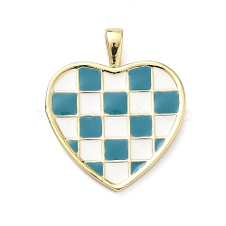 Brass Pendants, Heart with Tartan Pattern Charms, with Enamel, Cadmium Free & Lead Free, Rack Plating, Long-Lasting Plated, Real 18K Gold Plated, Steel Blue, 25.5x21x2mm, Hole: 4mm(KK-C156-27G-04)