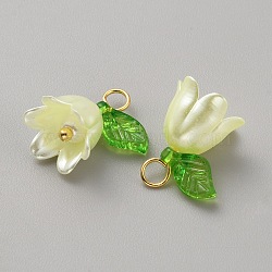 Acrylic Charms, with ABS Plastic Imitation Pearl Beads and Brass Finding, Lily of the Valley, Yellow, 14x13x11mm, Hole: 2.8mm(KY-TAC0009-03A)