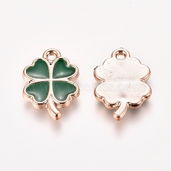 CCB Plastic Pendants, with Enamel, Four Leaf Clover, Light Gold, Green, 19x13x2mm, Hole: 1.6mm(KY-WH0020-17)