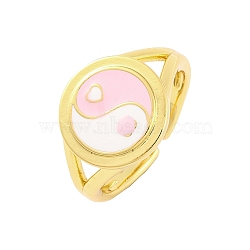 Round with Yin-yang Brass Enamel Open Cuff Rings for Women, Lead Free & Cadmium Free, Pearl Pink, 13mm, Adjustable(RJEW-U009-11C-G)