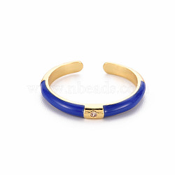 Brass Enamel Cuff Rings, Open Rings, with Clear Cubic Zirconia, Nickel Free, Golden, Blue, US Size 8(18.1mm)(RJEW-T016-24D-NF)