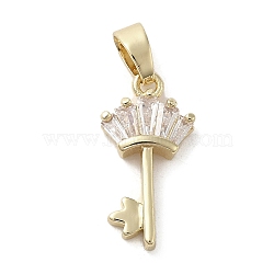 Brass Cubic Zirconia Pendents, Long-Lasting Plated, Key with Crown, Golden, 16.5x8.5x3mm, Hole: 5x3mm(KK-M275-25G)