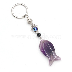 Natural Amethyst Fish Keychain, Hamsa Hand, 10cm(PW-WG77624-09)