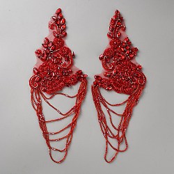 Flower Glass Rhinestone & Beaded Computerized Embroidery Sew on Ornament Accessories, Ethnic Style Lace Appliques, FireBrick, 325x120x5.5mm(DIY-WH0308-739)