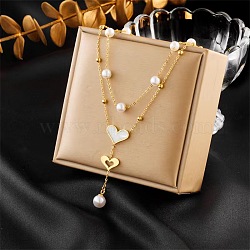 304 Stainless Steel Double Layer Necklaces for Women, with Shell and Plastic Imitation Pearl, Heart, 40cm(FS-WGA608E-01)