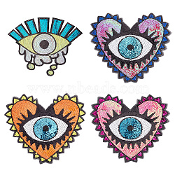 4Pcs 4 Style Sequin Iron on/Sew on Patches, Glittered Appliques, for Garment Decoration, Evil Eye & Heart, Mixed Color, 270x310x1mm & 315x340x1mm, 1pc/style(PATC-NB0001-03)