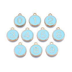 Light Gold Plated Alloy Enamel Charms, Flat Round with Number 0~9 Charm, Light Sky Blue, 14x12x2mm, Hole: 1.4mm, 10pcs/set(ENAM-T010-05G-01)