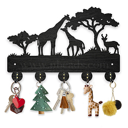 Wood & Iron Wall Mounted Hook Hangers, Decorative Organizer Rack, with 2Pcs Screws, 5 Hooks for Bag Clothes Key Scarf Hanging Holder, Giraffe, 200x300x7mm.(HJEW-WH0055-078)