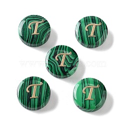 Synthetic Malachite Beads, with Golden Tone Brass Slices, Flat Round with Letter, Letter T, 15x5mm, Hole: 1.4mm(G-A238-01T)