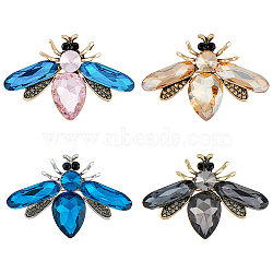 4Pcs 4 Colros Rhinestone Bee Brooch Pin, Antique Golden Alloy Badge for Backpack Clothes, Mixed Color, 32x48x8.5mm, 1Pc/color(JEWB-HY0001-03)