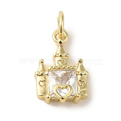 Brass Micro Pave Clear Cubic Zirconia Pendants, Castle, Real 18K Gold Plated, 14.5x9.5x4mm, Hole: 3.2mm(KK-R162-018G)